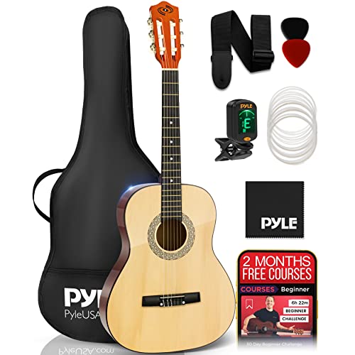 Pyle Classical Acoustic Guitar Kit, 3/4 Junior Size All Wood Instrument for Beginner Kids, Adults, 36' Natural Matte
