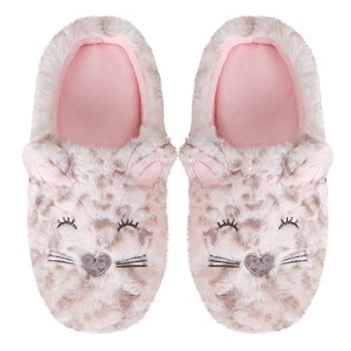 Sanfiago Plush Slippers Embroidered Cat Leopard Prints Erect Ears Non-Skid Soft Slip-on Cute Casual Home Shoes Fuzzy Comfy Cozy Warm Winter for Women Indoor