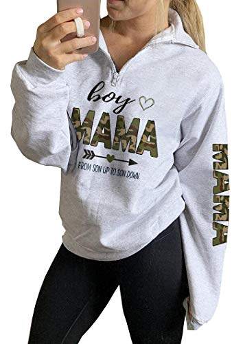 TAIUICY Women Leopard Print Boy Mama Zip Up Sweatshirt Funny Mom Heart Graphic High Collar Quarter 1/4 Zip Coat For Mother(White 3, M)