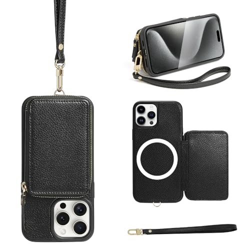 ZVE Wireless Wallet Case for iPhone 15 Pro Max, Zipper Leather RFID Cards Holder Slots Case with Magnetic Wireless Charging, Protective Cover for iPhone 15 Pro Max 6.7' (2023) - Black