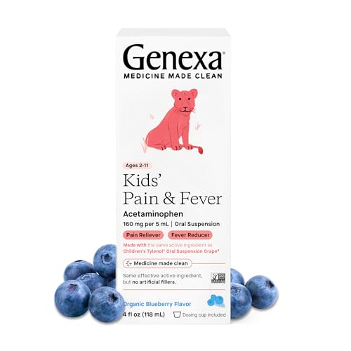 Genexa Children's Acetaminophen Pain and Fever Reducer | 160 mg per 5mL | Made with Delicious Organic Blueberry Flavor | 4 Fluid Ounces