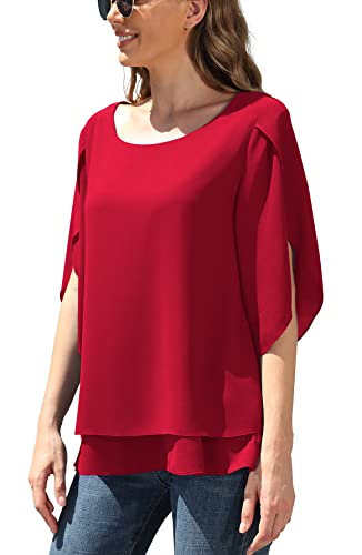 Jouica Women's Printed 3/4 Ruffle Sleeve Chiffon Top Plus Size Blouses for Women Fashion 2022,D Red,Small