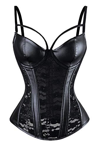 Charmian Women's Steampunk Gothic Black Lace Corset Bustier Faux Leather Bra Lingerie Black X-Large
