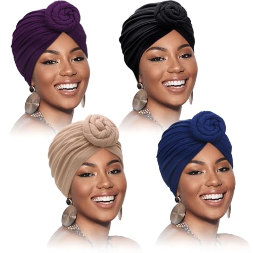 SATINIOR womens 4 Pieces African Pattern Headwrap Pre-Tied Bonnet Turban Knot Beanie Cap Headwrap Hat, Purple, Black, Navy, Camel