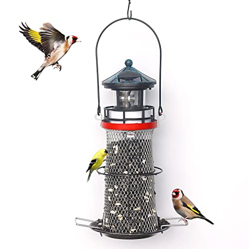 HSHD Solar Lighthouse Bird Feeder with Rotating Beacon Lamp - 14' Hanging Mesh Wild Bird Feeders for Outdoor Garden Patio Lawn Decor (Retro)