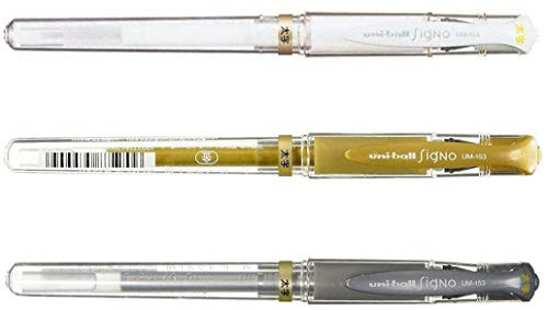 Uni ball Signo UM153 Whit,Gold,Silver Gel Inc Pen,1.0mm,set of 3 with our original ball point pen