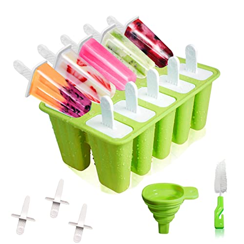 Popsicle Molds 10 Cavities BPA Free Silicone Popsicle Molds, Reusable Popcicale Mould Silicone for Kids, Ice Pop Molds Silicone Popsicle Maker Homemade Ice Cream Mold (Forest Green)