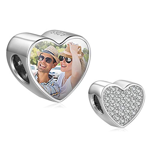 Qxun Custom Photo Charm Bead 925 Sterling SilverPersonalized Heart Picture with Loved Dear Charms Beads Fit Women Bracelet Necklace As Mother Daughter Present(Style 4)