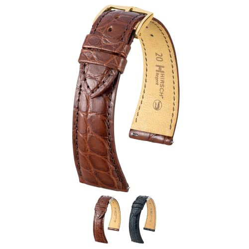Hirsch Regent Alligator Watch Strap - Brown - M - 19mm / 16mm - Shiny Gold Buckle - Alligator Flank Leather Band