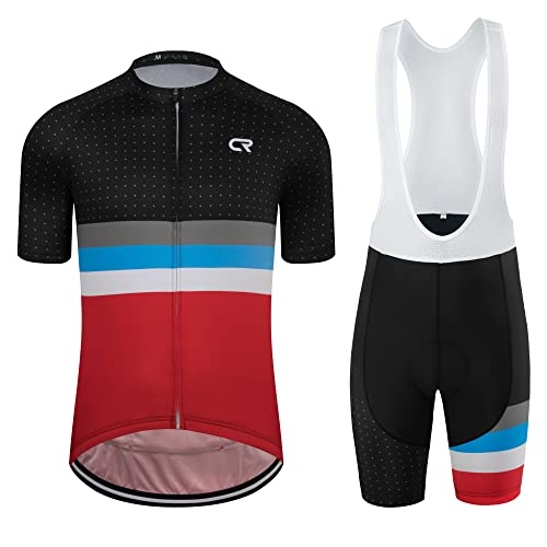 Coconut Ropamo CR Men's Cycling Jersey Set Road Bike Jersey Zipper Pocket Short Sleeves Cycling Kits Bib Shorts 3D Padded (Black/Red, L)