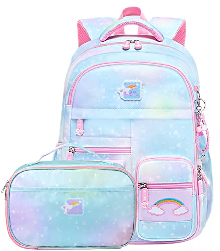 Backpacks for Girls, Kids Backpack School Bookbags with Insulated Lunch Box for School Elementary Girl, School Bag with Laptop Compartments, Galaxy Blue