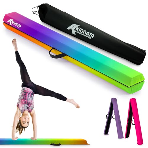 KIDNATA 8 Ft Portable Rainbow Folding Balance Beam for Kids ages 6-12 with Anti Slip Base, Handle and Carry Bag – Suede Cover and EVA Foam for Kids Balance Beam Practice at Home, Gym and Even Outdoors