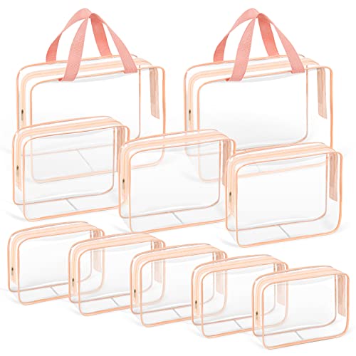 TISRATOK 10 PCS Clear Travel Makeup Toiletry Bag, Plastic PVC Cosmetic TSA Approved Organizer Kit with Zipper Handbag（Pink）