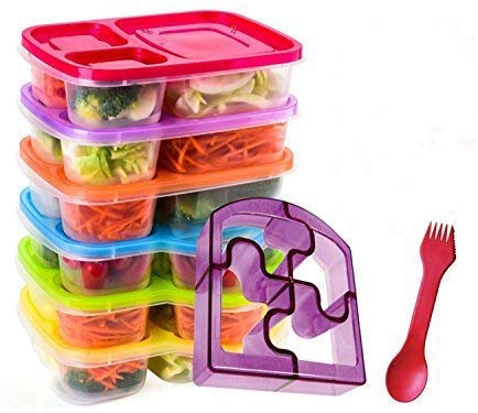 Bento Lunch Box 3 Compartment Food Containers – Set of 6 Storage meal prep Container Boxes– Ideal for Adults, Toddler, Kids, Girls, and Boys – Free 2-in-1 Fork/Spoon & Puzzle Sandwich Cutter