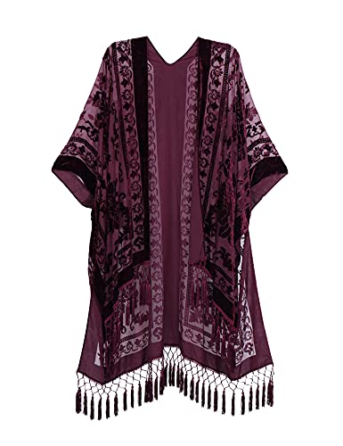 WeHello Women's Burnout Velvet Kimono Long Cardigan Cover Up with Tassel (Burgundy)
