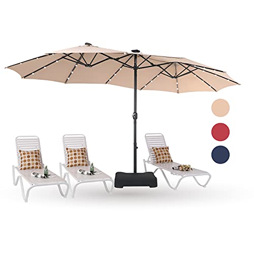 PHI VILLA 15ft Large Patio Umbrella with Solar Lights, Double-Sided Outdoor Market Rectangle Umbrellas with 36 LED Lights, Base (Stand) Included, Beige