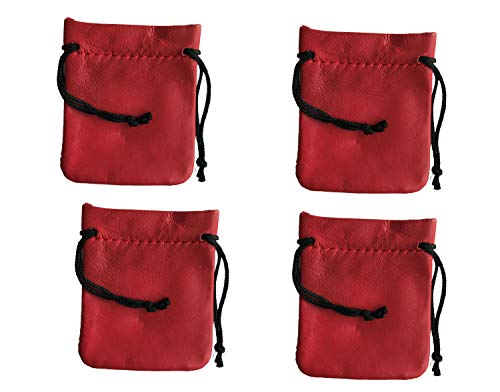 3' Genuine Leather Red Drawstring Pouch Bag, Pack of 4