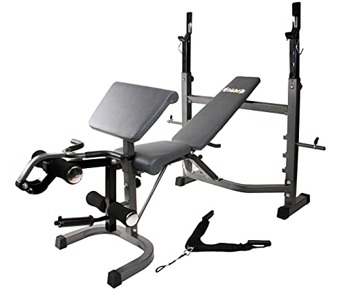 Body Champ Olympic Weight Bench, Workout Equipment for Home Workouts, Bench Press with Preacher Curl, Leg Developer and Crunch Handle At Dark Gray/Black, BCB5860