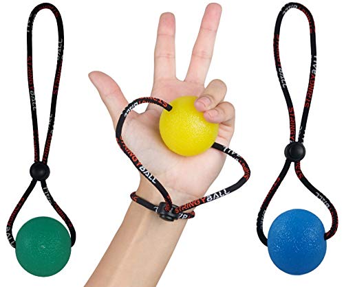 Secure Stress Balls on a String - for Stress Relief, Hand Exercise, Strengthening, Rehabilitation - Soft, Medium and Firm Stress Balls with Exercise Guide - No Falling or Rolling Away (3 Balls Set)