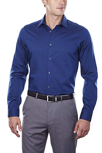 Calvin Klein Men's Dress Shirt Slim Fit Non Iron Herringbone, Blue Velvet, 16.5' Neck 32'-33' Sleeve (Large)