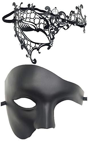 Coolwife Masquerade Mask Vintage Phantom Of The Opera One Eyed Half Face Costume (Couple A Black)