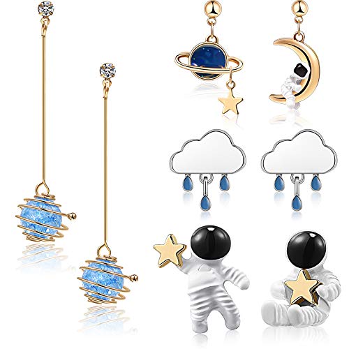 4 Pairs Astronaut Stud Earrings Asymmetric Spaceman Star Moon Earrings Planet Star Stud Dangle Earrings for Women (Cute Style)