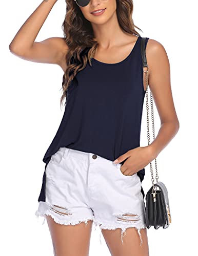 Meaneor Women's Summer Sleeveless Solid Casual Tank Tops Shirts,Navy Blue,Large