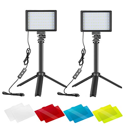 NEEWER Dimmable 5600K USB LED Video Light 2-Pack with Adjustable Tripod Stand and Color Filters for Tabletop/Low-Angle Shooting, Zoom/Video Conference Lighting/Game Streaming/YouTube Video Photography