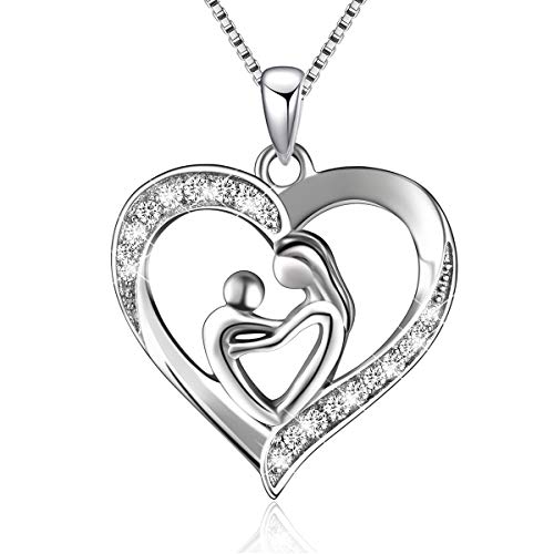 ABBGIABBW 925 Sterling Silver Mother and Child Love Heart Pendant Necklace Mom Daughter Jewelry Gifts for Women