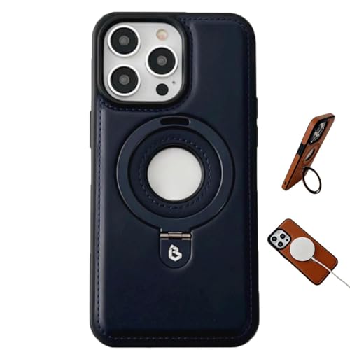 OLLOUM Luxurious Leather Invisible Stand for iPhone Case, Leather Material with Metal Magnetic Folding Stand, for iPhone 14/13/12 Pro Max Shockproof and Scratch-Proof (Color : Blue, Size : for 15Pro)