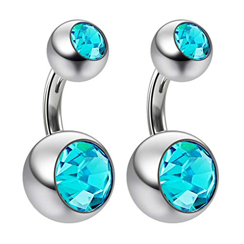 Evonix 2pc 14g Crystal Aqua Blue Gem Double Belly Button Ring Navel Short 6mm Shallow Piercings