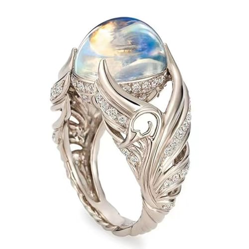 Blank Swan Colorful Stone Angel Wings Inlaid with Moonlight Stone Ring Carved Out Women's Ring Fashion Jewelry(US Size-7)