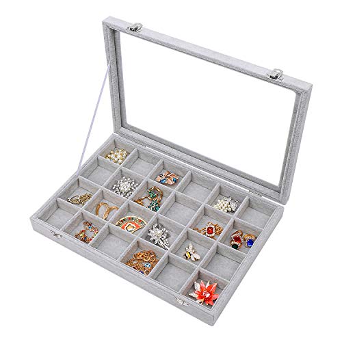 STYLIFING Jewelry Organizer Box, 24 Grid Clear Lid Earrings Storage Case, Ring Holder Necklace Crystals Velvet Tray for Display
