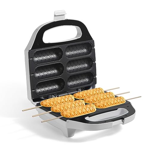 UVFAST Corn Dog Waffle Maker, Hot Dog Waffle Machine with Non-stick Coating Plate, Hot Dog Maker Toaster Make 6 Corn Dogs, Corn Dog Waffle Machine Make Corn Dog in Minutes, Easy to Clean, White