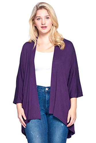 Modern Kiwi Women's Plus Size Solid 3/4 Sleeve Open Front Cardigan Purple 4X