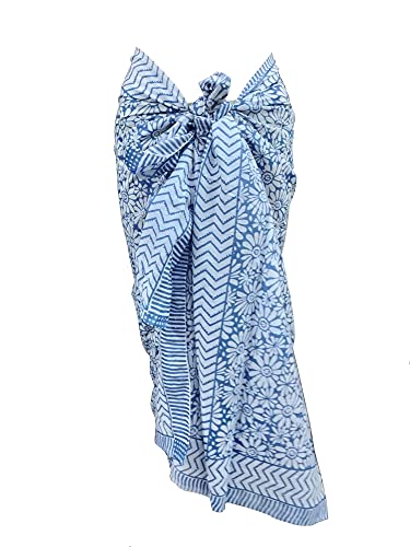 FIKIMOS Cotton Hand Block Print Sarong Swimsuit Wrap Cover Up Long Women Cloth (73' x 44') Blue - 7