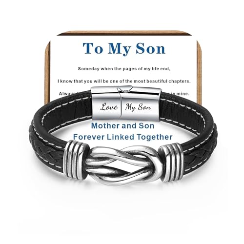 HNLUGF Mother and Son Forever Linked Together Braided Leather Bracelet, Men's Stainless Braided Leather Bracelet Inspirational Bangle Wristband, Christmas Birthday Gift for My Son (Silver, To My Son)