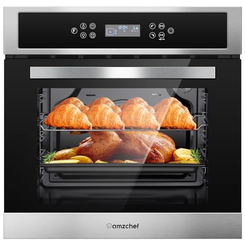 AMZCHEF Single Wall Oven 24' Built-in Electric Ovens with 11 Functions, 8 Automatic Recipes, 2800W, 240V, 2.5Cu.f Convection Wall Oven in Stainless Steel, Touch Control, Timer, Safety Lock
