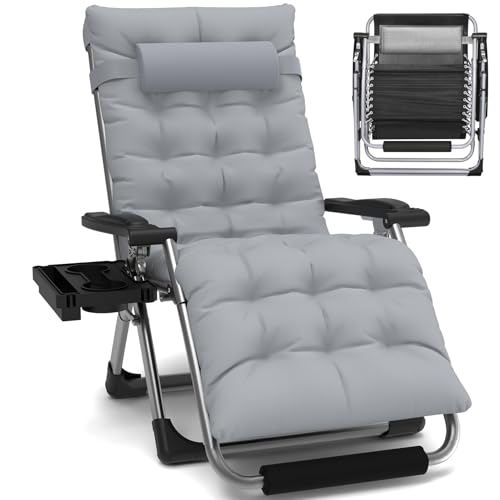 Slendor Oversized Zero Gravity Chairs XL, Padded Anti Gravity Chair, 29in Zero Gravity Lounge Chair, Folding Reclining Chair w/Aluminum Alloy Lock, Headrest, Cup Holder, Support 440lbs, Grey