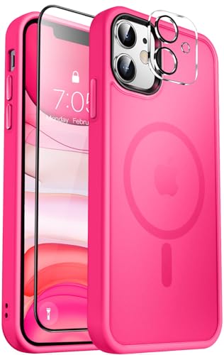 MOCCA Strong Magnetic for iPhone 11 Phone Case,[Compatible with Magsafe][Glass Screen Protector+Camera Lens Protector] Slim Thin Shockproof Cover Case for iPhone 11 6.1 inch, Hot Pink