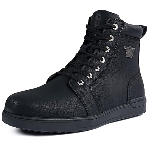 Men's Motorcycle Riding Shoes Street Riding Shoes Breathable Biker Boots Sneakers Powersports Footwear, Black Faux Leather Lace Up Shoes with Ankle Support for Men, Anti-Slip Sole, Side Zipper