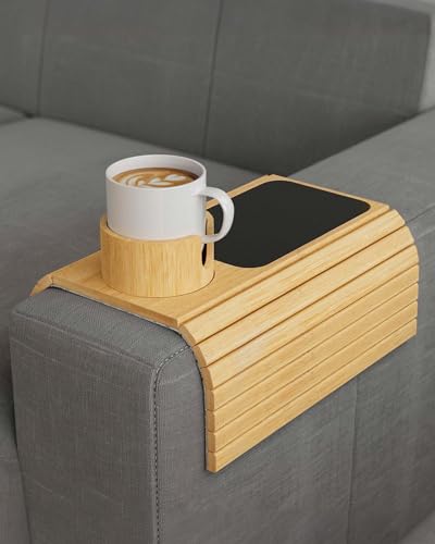 BS-VOG Couch Cup Holder, Bamboo Couch Arm Tray with 360° Rotating Drink Holder, Foldable Anti-slip Couch Arm Table, Sofa Armrest Tray Clip on Wide Couches for Eating, Snacks, Remote, No Installation