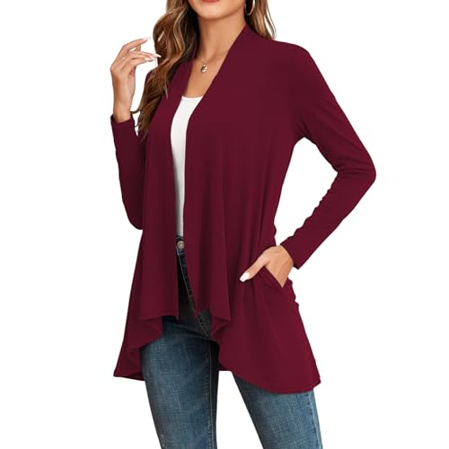 POGTMM Womens Casual Autumn Loose Knit Solid Sweater Cardigan (Wine Red, US XXL(20-22))