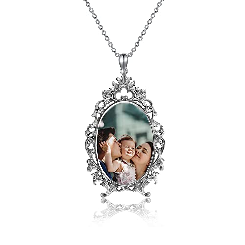 MRENITE Sterling Silver Personalized Photo Necklace Vintage Oval Pictures Necklace, Wedding Bouquet Photo Pendant Engraved Any Name Memorial Jewelry Gift for Family Women (Oval-shape)
