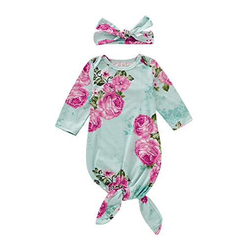 Infant Newborn Baby Girls Floral Sleep Gown Headband Sleepwear Romper Sleeping Bags Outfits (Green, 0-3 Months)