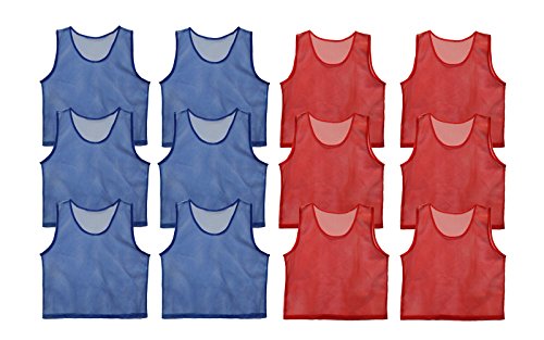 Get Out! Pinnies Youth Sizes Red and Blue - 12 Pack Nylon Mesh Jersey Scrimmage Vest - Sports Team Practice Pinny Set for Football, Soccer, or Basketball - Training Soccer Bibs Sport Jersey