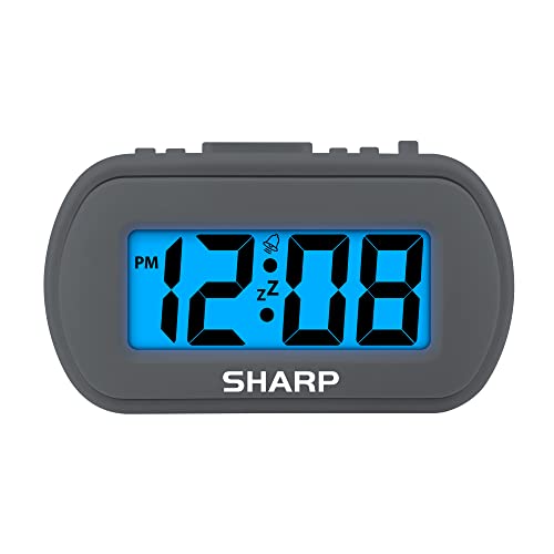 SHARP Digital Alarm Clock – Tactile Plastic Case with Soft Rubberized Finish - Battery Operated – Blue Backlight on Demand – Ascending Alarm – Easy to Use – Charcoal Black