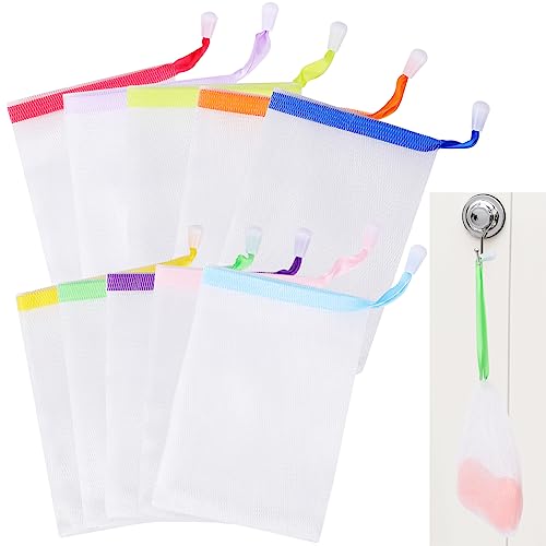 Mozeat Lens 10 PCS Soap Bags Handmade Soap Bubble Mesh Bags Exfoliating Soap Saver Pouch Net Bags with Drawstring Body Facial Cleaning Tool for Bath & Shower (Assorted Colors)