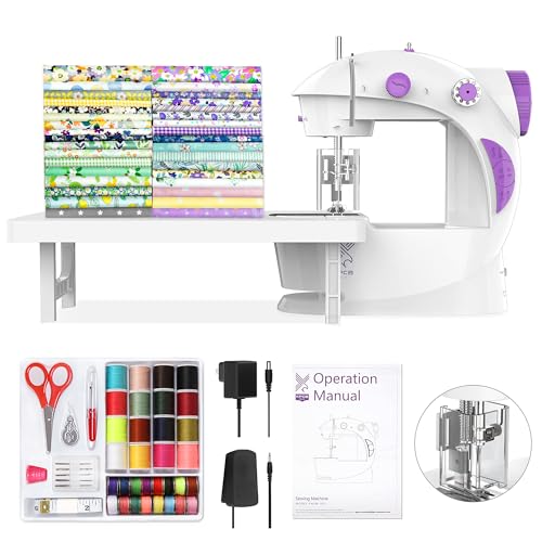 KPCB Sewing Machine for Beginners [Full Set] with Finger Guard and Fabric Bundles - Mini Sewing Machine with Sewing Kits, Foot Pedal, US Adapter and Extension Table