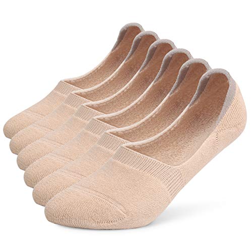 Leotruny 6 Pairs Unisex Thick Cushion Athletic Cotton Non Slip Low Cut Flat Liner No Show Socks (Medium, C05-Beige)